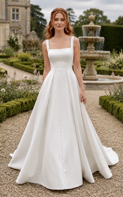Robe de mariée de plage en satin et mousseline, robe de bal, col carré, sans manches, traîne.