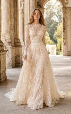 Brautkleid in A-Linie aus Spitze mit langen Ärmeln, hohem Kragen und Kapellenschleppe