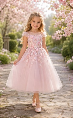 Blushing Pink Floral Applique Cap Sleeve Tulle Tea-Length Garden Flower Girl Dress