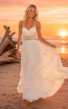 Robe de mariée asymétrique en mousseline à volants, coupe trapèze, style plage