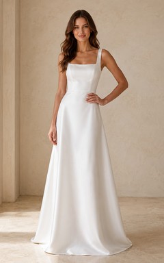 Weißes, schlichtes, bodenlanges A-Linien-Abendkleid aus Satin mit quadratischen Trägern für festliche Anlässe
