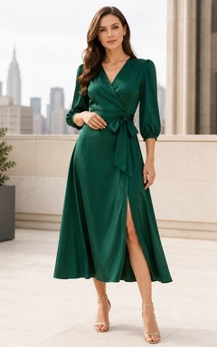 Vestido de cóctel de satén verde oscuro con escote en V cruzado, manga tres cuartos, corte en A y largo hasta la rodilla