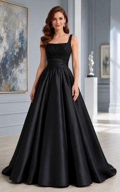 Black Simple Square Neck Satin Princess Ball Gown Formal Dress
