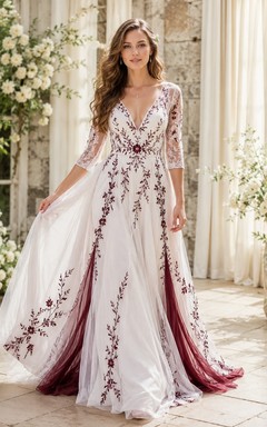 Burgundy Lace Three-Quarter-Sleeve V-Neck A-Line Chapel-Train Romantic Wedding Dress