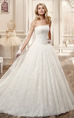 Trägerloses A-Linien-Brautkleid mit Faltenrock und perlenbesetztem Oberteil