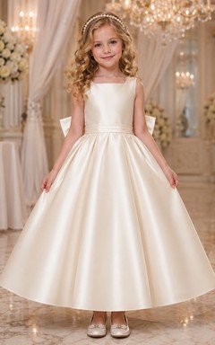 A-Line Flowergirl Satin Floor-Length Sleeveless Formal Ballroom Wedding Gown with Full Skirt and Bow Back