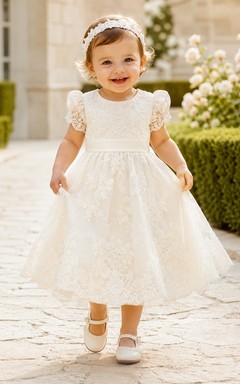 Baby Baptism Christening Ceremony Dress A-Line Tea-Length Jewel Neck Cap Sleeve Tulle Lace Sash Bow Back