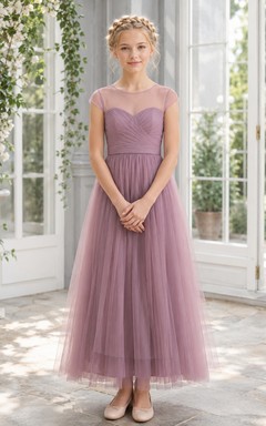 Elegantes, mauvefarbenes, kurzärmeliges Tüllkleid mit Herzausschnitt und A-Linien-Schnitt in Teelänge für junge Brautjungfern
