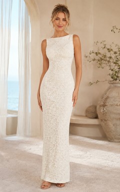 Ivory Sleeveless High Neck Floor-Length Stretch Lace Sheath Formal Dress