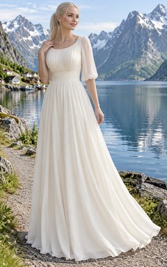 A-Linien-Brautkleid aus Georgette mit U-Boot-Ausschnitt, gerafftem Oberteil und Puffärmeln bis zum Ellbogen