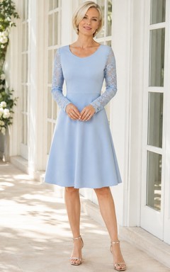 Sky Blue Scoop Neck Long Sleeve Jersey A Line Midi Dress