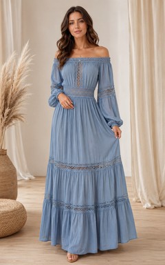 Vestido de gasa bohemio de manga larga con escote Bardot, corte en A y largo hasta el suelo, color azul acero, de la marca Horizon Drift.