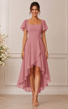 A-Line High-low Square Short Sleeve Chiffon Wedding Guest Dress with Ruffles