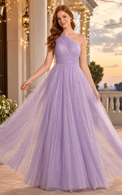 Lavendelfarbenes, schulterfreies, glitzerndes Tüll-Abendkleid in A-Linie