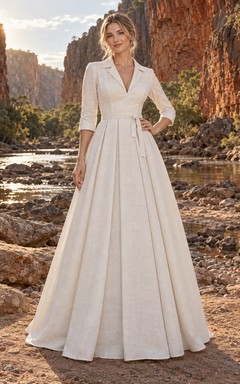 Schlichtes Brautkleid aus Satin mit V-Ausschnitt, Kragen, Dreiviertelärmeln und A-Linien-Schnitt