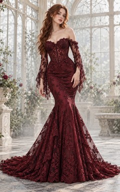 Robe de soirée gothique sirène à épaules dénudées et manches cloche en dentelle bordeaux