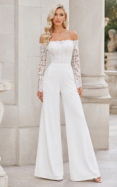 White Off-Shoulder Illusion Lace Long Sleeve Wide-Leg Formal Jumpsuit Elegant