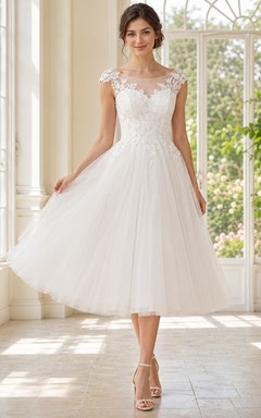 White Illusion Bateau Lace Applique Tulle A-Line Tea-Length Romantic Prom Dress