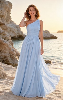 Light blue one shoulder chiffon beach guest maxi dress