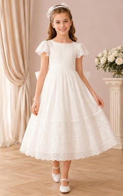 Teelanges Kleid mit Puffärmeln, Spitze und Schleife für Kommunion, Blumenmädchen, Teelänge