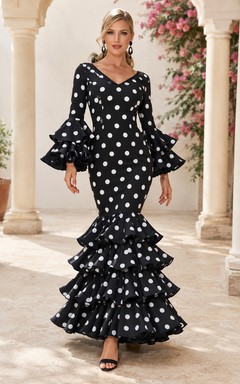 Schwarzes, weißes, gepunktetes Flamenco-Kleid mit U-Boot-Ausschnitt, langen Glockenärmeln und Stufenrock im Meerjungfrauen-Stil, bodenlang, mit Rundhalsausschnitt und langen Glockenärmeln
