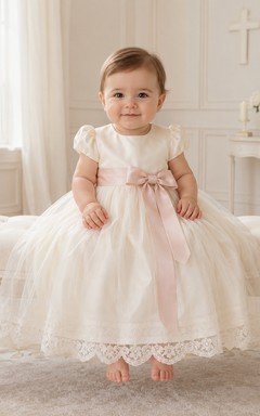 Baby Baptism Christening Ceremony Dress A-Line Knee-Length Jewel Neck Short Sleeve Tulle Lace Ribbon Sash Bow Back Button Back