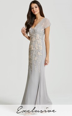 Sheath Beaded Cap Sleeve V-Neck Chiffon Bridesmaid Dress