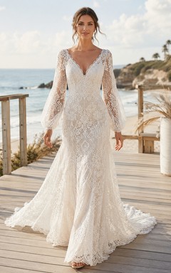 Bohemian V Neck Lace Wedding Mermaid Long Bell Sleeve Sweep Train
