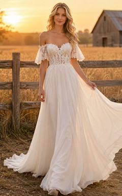 Brautkleid im Landhausstil aus Chiffon und Spitze, A-Linie, schulterfrei, kurze Ärmel, Schleppe und Schlitz