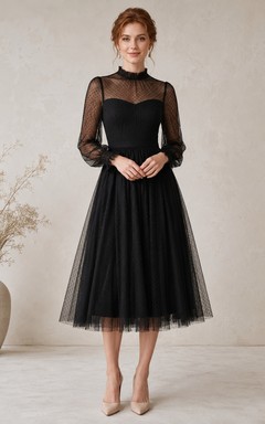 Black Modest Long Illusion Sleeve High Neck Tulle Tea-Length A-Line Formal Dress