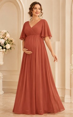 Terracotta Maternity V-Neck Short Sleeve Chiffon A-Line Floor Dress