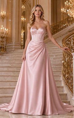 Dusty Pink Strapless Corset Satin A-Line Ballroom Bridal Gown