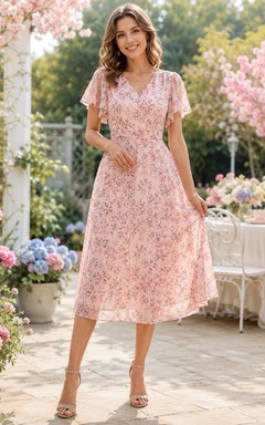 Robe de maternité rose à fleurs, portefeuille, col en V, manches à volants, en mousseline, longueur thé