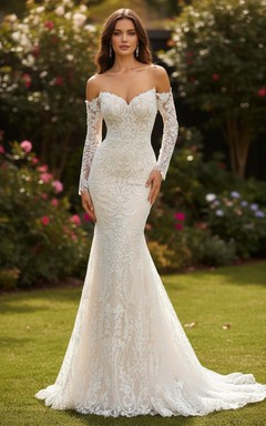Robe de mariée sirène sexy en dentelle, épaules dénudées et manches longues