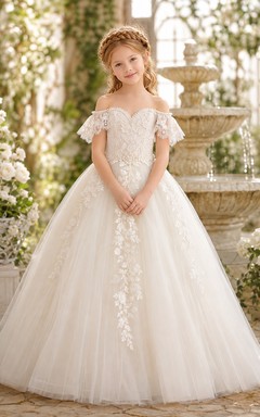 Robe de bal en tulle à épaules dénudées, robe de demoiselle d'honneur en dentelle avec manches courtes et jupe longue.