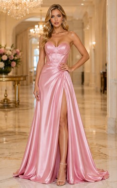 Pearl Pink Strapless Sweetheart Satin Mermaid Split-Front Sweep Prom Gown
