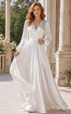 Robe de mariée élégante et sobre en satin, col en V, manches bouffantes, ceinture et coupe trapèze, longue jusqu'au sol