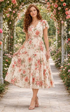 Cream floral V-neck flutter sleeve A-line midi dress