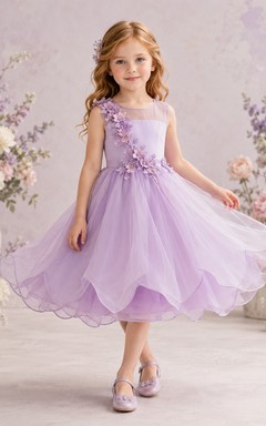 Lavender Petal Hem Flower Girl Dress with Sleeveless Tulle A-Line, Floral Waist Applique, Natural Waist, and Tea-Length Skirt