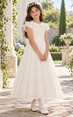 Ivory Scalloped Collar Smocked Lace Cap Long First Communion Dress