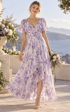Vestido de fiesta romántico de gasa con estampado floral lavanda, escote en V, mangas con volantes y corte asimétrico.