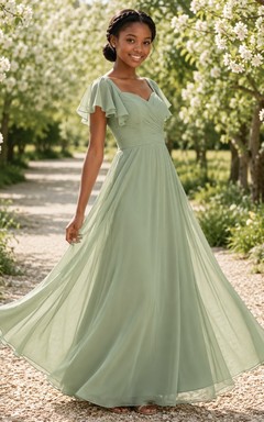 Vestido de dama de honor juvenil color celadón, corte en A, escote redondo, manga corta, pétalos plisados, estilo romántico.