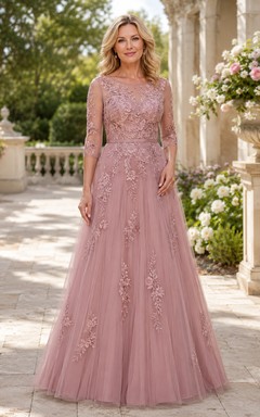 Dusty Rose Tulle A-Line Mother Dress With Lace Sleeves