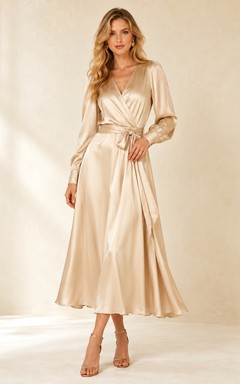 Champagne V-Neck Puff-Sleeve Sashed Satin Simple A-Line Tea Cocktail Dress
