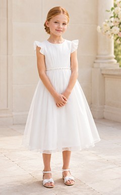 Simple Tulle A-Line Flower Girl Dress with Jewel Neck, Tea-Length Skirt and Pleated Skirt