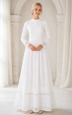 Modest High Neck Long Sleeve Chiffon Lace Trim A-Line Ankle Length Bridal Dress