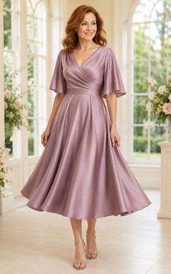 Dusty Rose Satin Tea-Length Mother Dress with Flutter Sleeves