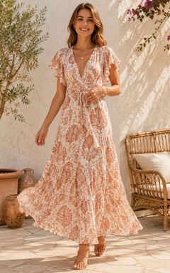 Bohemian Coral Floral V-Neck Flutter Sleeve Chiffon A-Line Floor-Length Dress