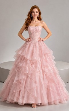 Blush Ruffled Tiered Tulle Quinceanera Ball Gown Formal Prom Dress