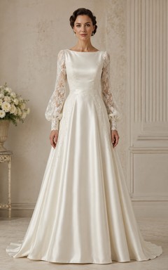 White Satin A-Line Vintage Wedding Dress with Lace Sleeves